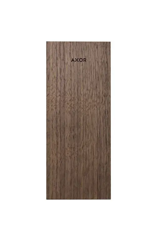 Holzplatte in dunkler Holzoptik mit der Marke AXOR präsentiert. Die Oberfläche zeigt eine gleichmäßige Maserung in einem natürlichen Design.